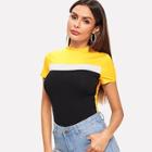 Romwe Mock Neck Colorblock Tee