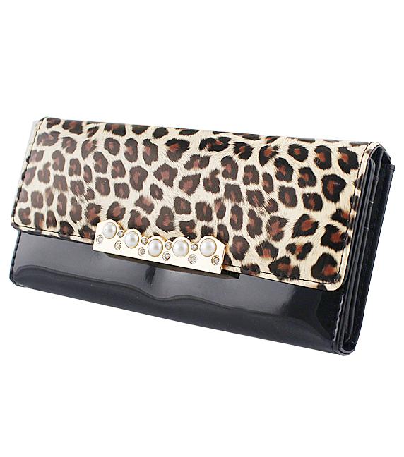 Romwe Black Beading Leopard Pu Leather Clutch Bag