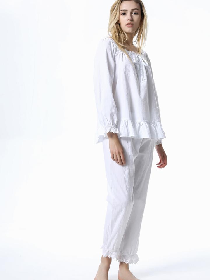 Romwe Embroidered Lace Trim Ruffle Hem Top & Pants Pj Set