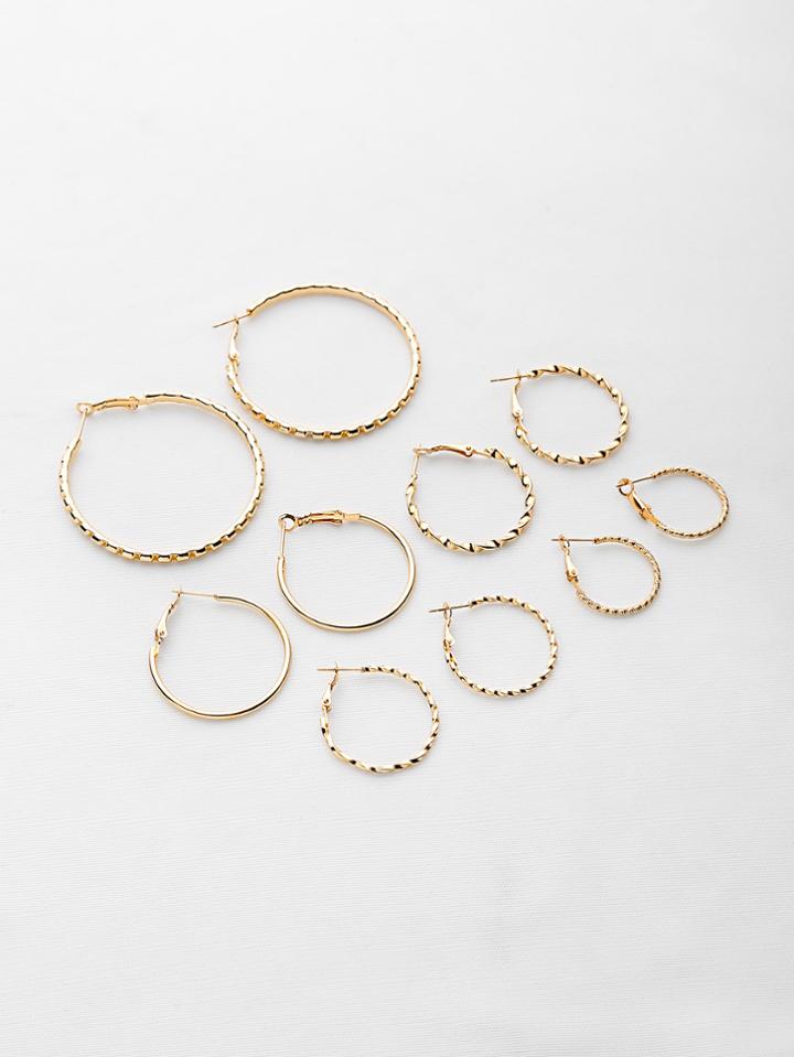 Romwe Multi Shaped Textured Hoop Earrings Set