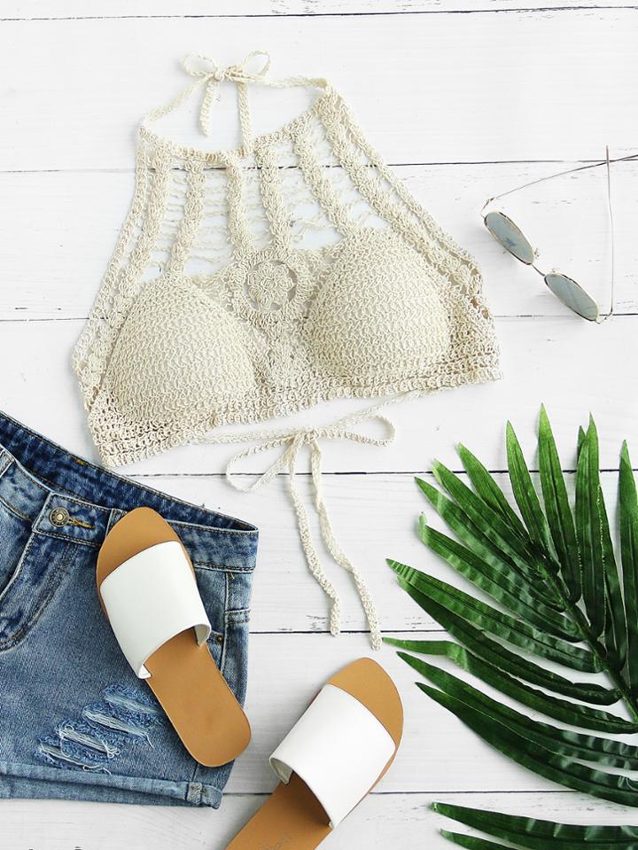Romwe Halter Neck Backless Self Tie Back Crochet Top
