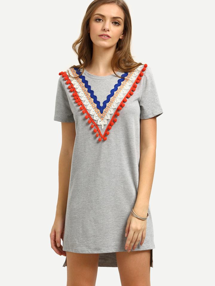 Romwe Grey Pom-pom Decorated Short Sleeve Asymmetrical Dress