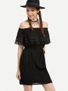 Romwe Black Belted Lace Trimmed Off The Shoulder Dress