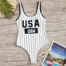 Romwe Letter & Striped Contrast Binding One Piece Swim