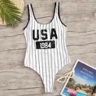 Romwe Letter & Striped Contrast Binding One Piece Swim