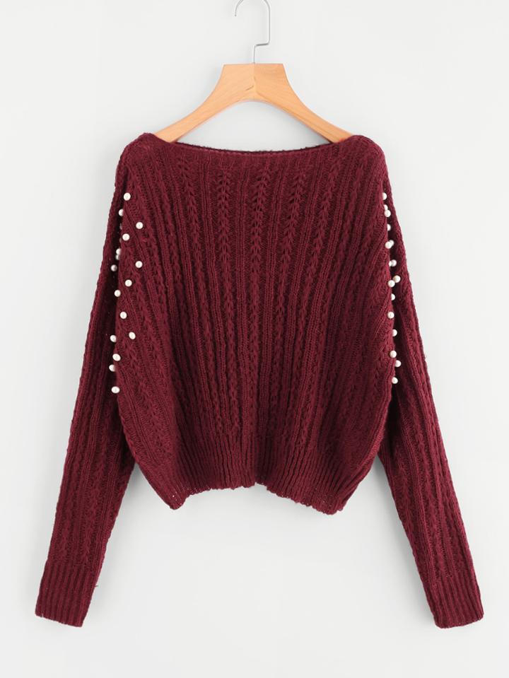 Romwe Pearl Embellishing Mixed Knit Jumper