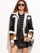 Romwe Color Block Pu Leather Faux Shearling Zipper Jacket