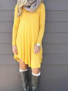Romwe Long Sleeve Asymmetrical Shift Yellow Dress