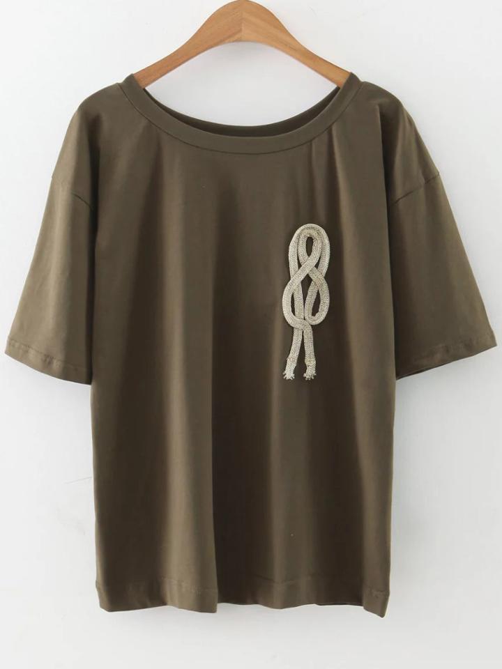 Romwe Army Green Rope Embellished T-shirt