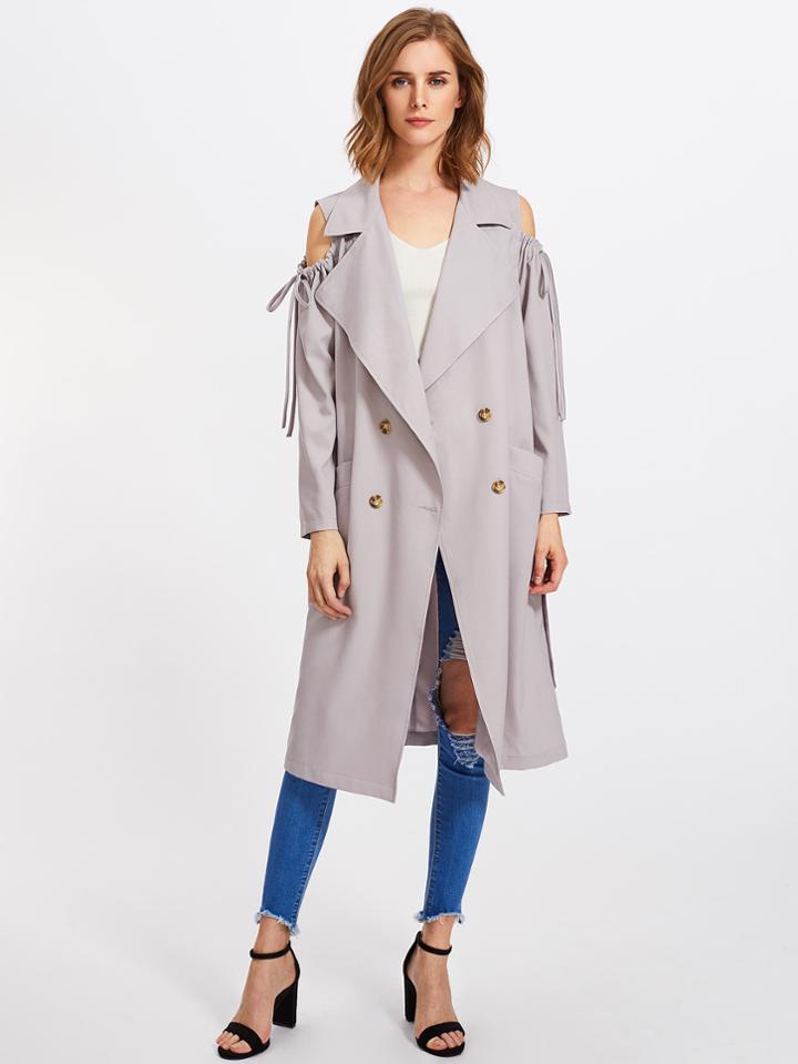 Romwe Drawstring Open Shoulder Trench Coat