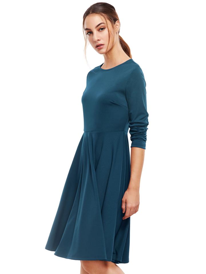 Romwe Navy Pleated Long Sleeve A-line Dress