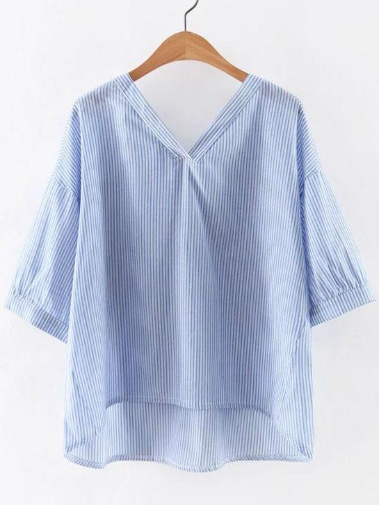 Romwe Blue V Neck High Low Hem Striped Blouse