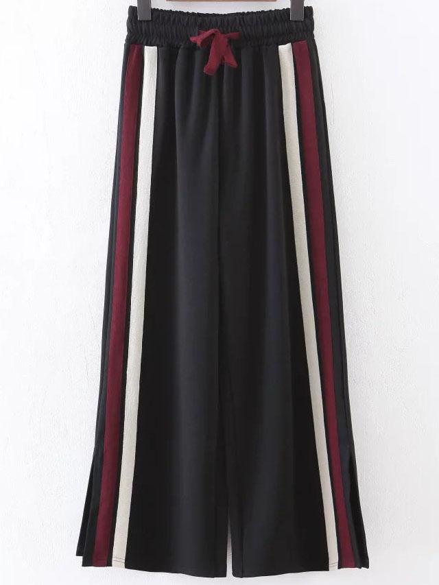 Romwe Black Striped Slit Side Wide Leg Pants