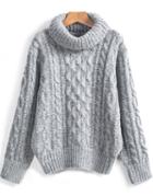 Romwe Grey High Neck Cable Knit Loose Sweater