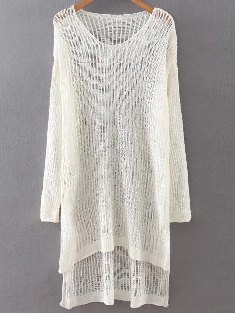 Romwe White Hollow Out Dip Hem Sweater Dress