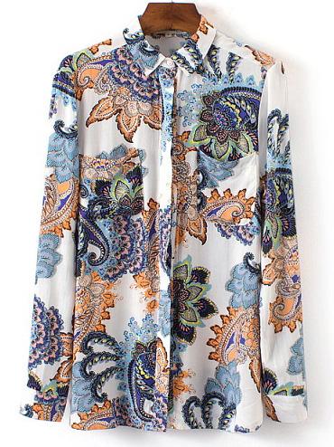 Romwe Multicolor Lapel Long Sleeve Cashew Print Blouse