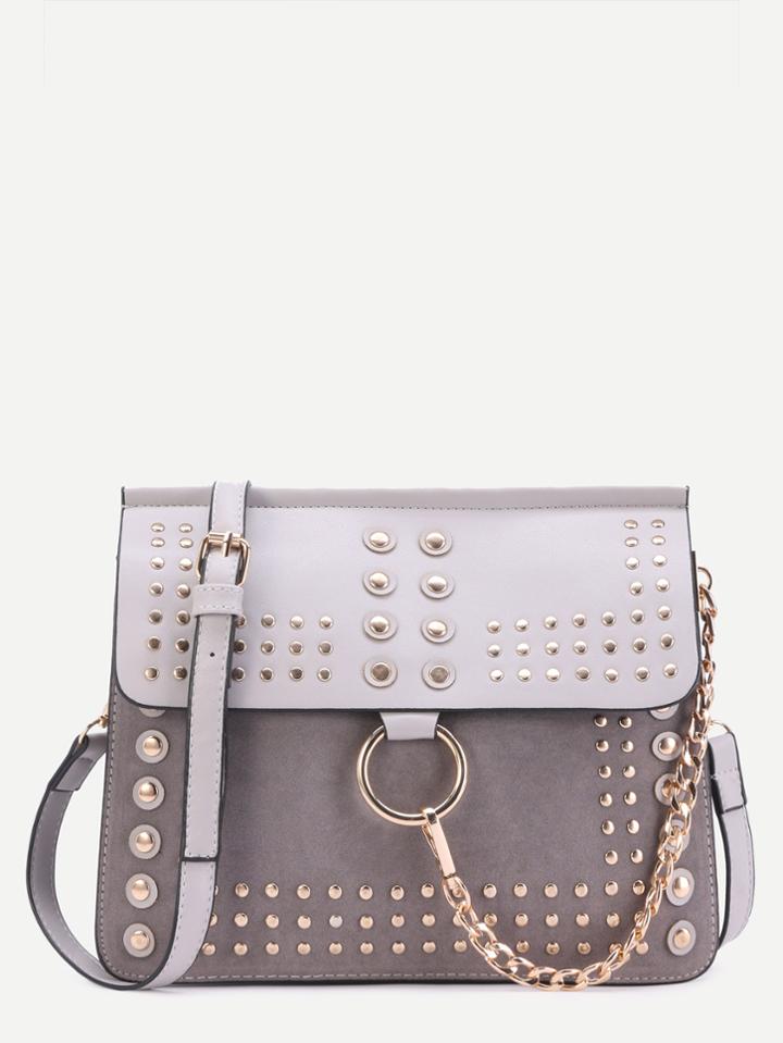 Romwe Grey Studded Flap Crossbody Bag