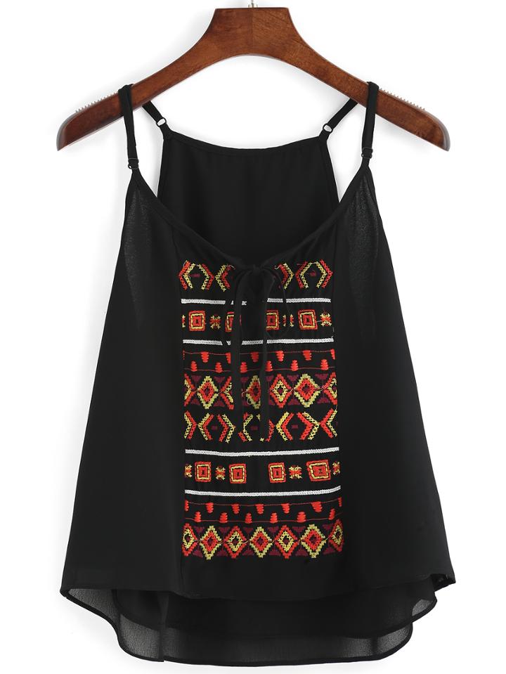 Romwe Spaghetti Strap Geometric Embroidered Chiffon Cami Top