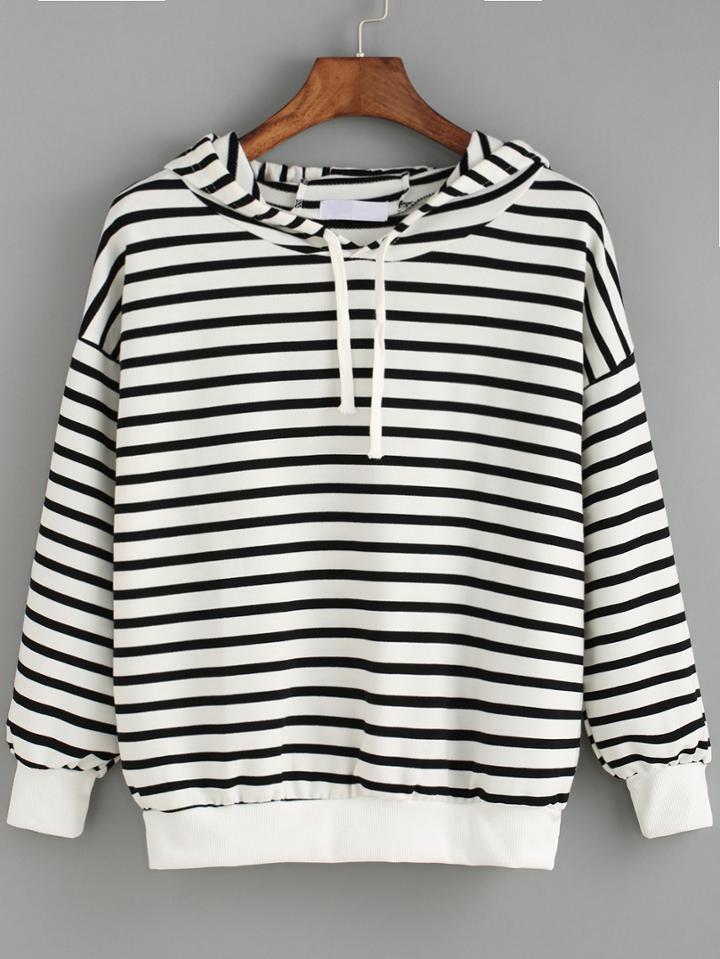 Romwe Hooded Striped Black And White Sweatshirt