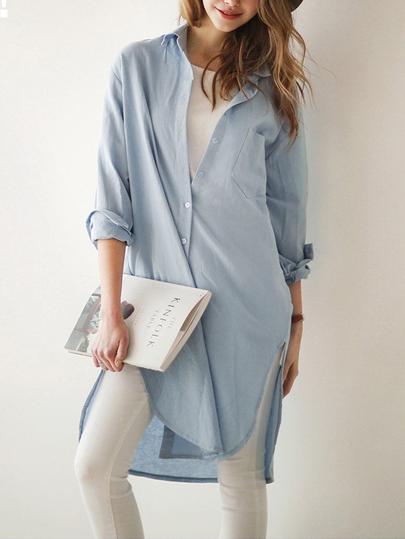 Romwe Lapel Split Side Pale Blue Blouse With Pocket