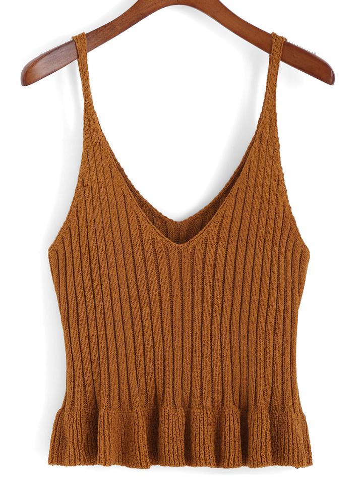 Romwe Spaghetti Strap Peplum Hem Knit Khaki Cami Top