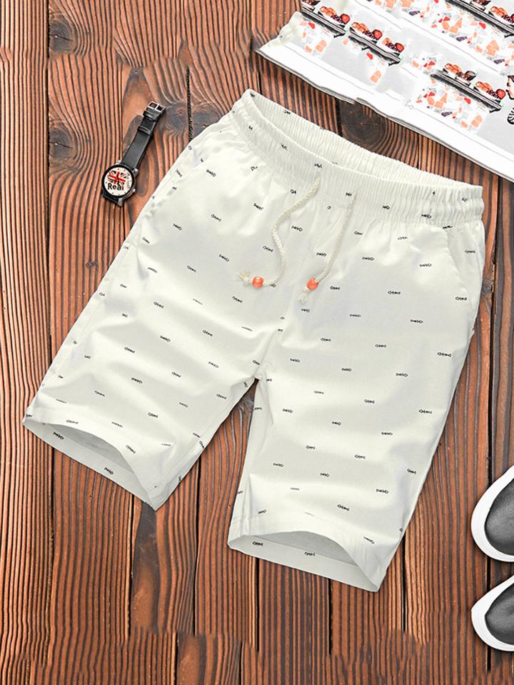 Romwe Men Fish Print Drawstring Shorts