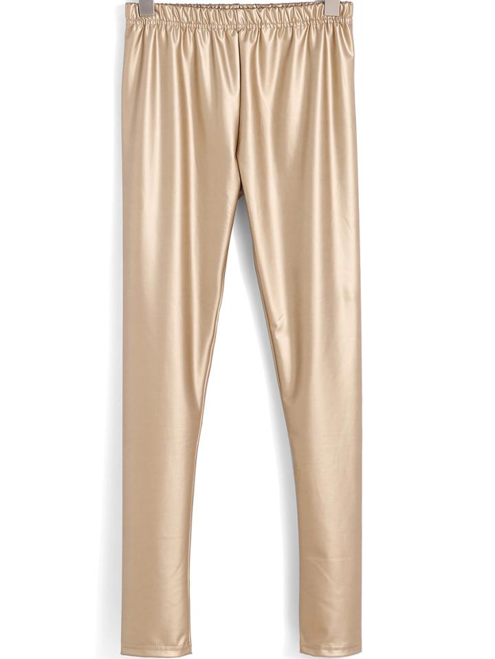 Romwe Elastic Waist Slim Pu Gold Leggings