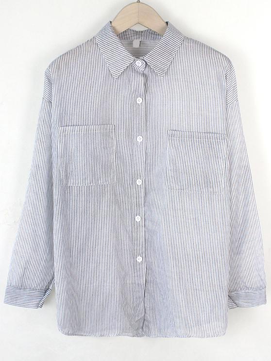 Romwe Grey Vertical Striped Blouse With Pockets