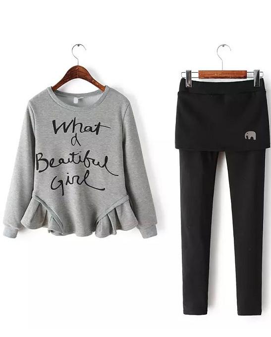 Romwe Letters Print Flouncing Top With Skirt Pant