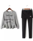 Romwe Letters Print Flouncing Top With Skirt Pant