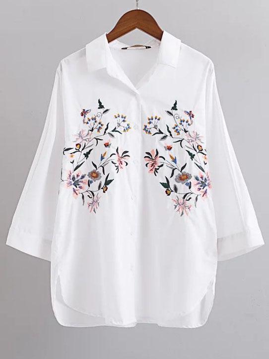 Romwe White Flower Embroidery Three Quarter Sleeve Blouse