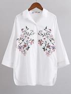 Romwe White Flower Embroidery Three Quarter Sleeve Blouse