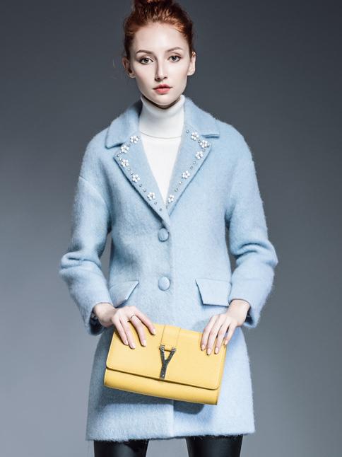 Romwe Blue V Neck Long Sleeve Pockets Beading Coat