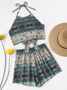 Romwe Allover Printed Knot Open Back Top And Shorts Set