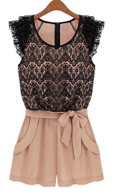 Romwe Sleeveless Lace Belt Jumpsuit