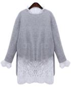 Romwe Grey Long Sleeve Dip Hem Sweater With Lace Dress