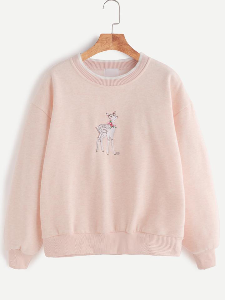 Romwe Pink Dropped Shoulder Seam Deer Embroidery Sweatshirt