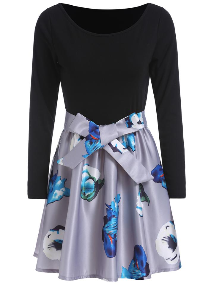 Romwe Long Sleeve Flower Print Bow Dress