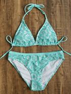 Romwe Turquoise Lace Overlay Side Tie Triangle Bikini Set