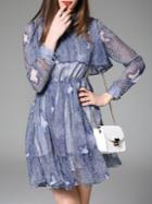 Romwe Blue Ruffle Print A-line Dress