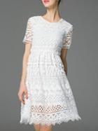 Romwe White Crochet Hollow Out A-line Dress