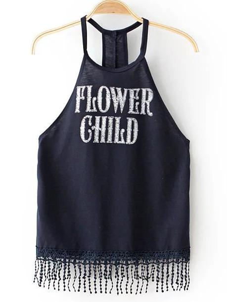 Romwe Navy Halter Letter Printed Top