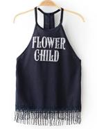 Romwe Navy Halter Letter Printed Top