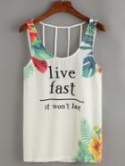 Romwe Caged Printed Tank Top - White