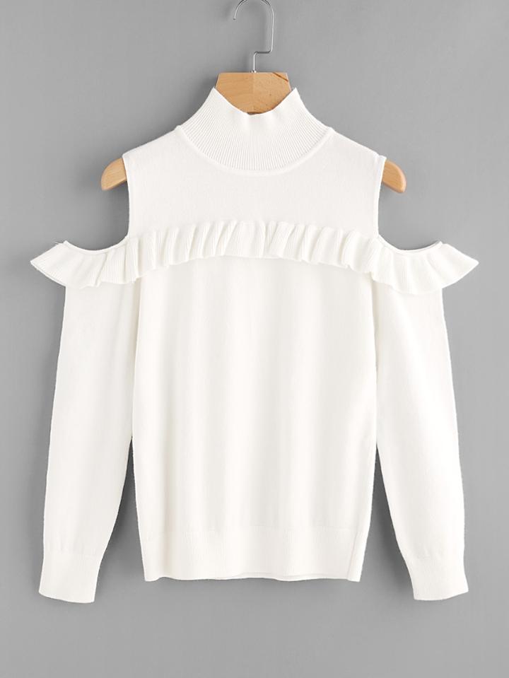Romwe Frilled Cutout Shoulder Jumper