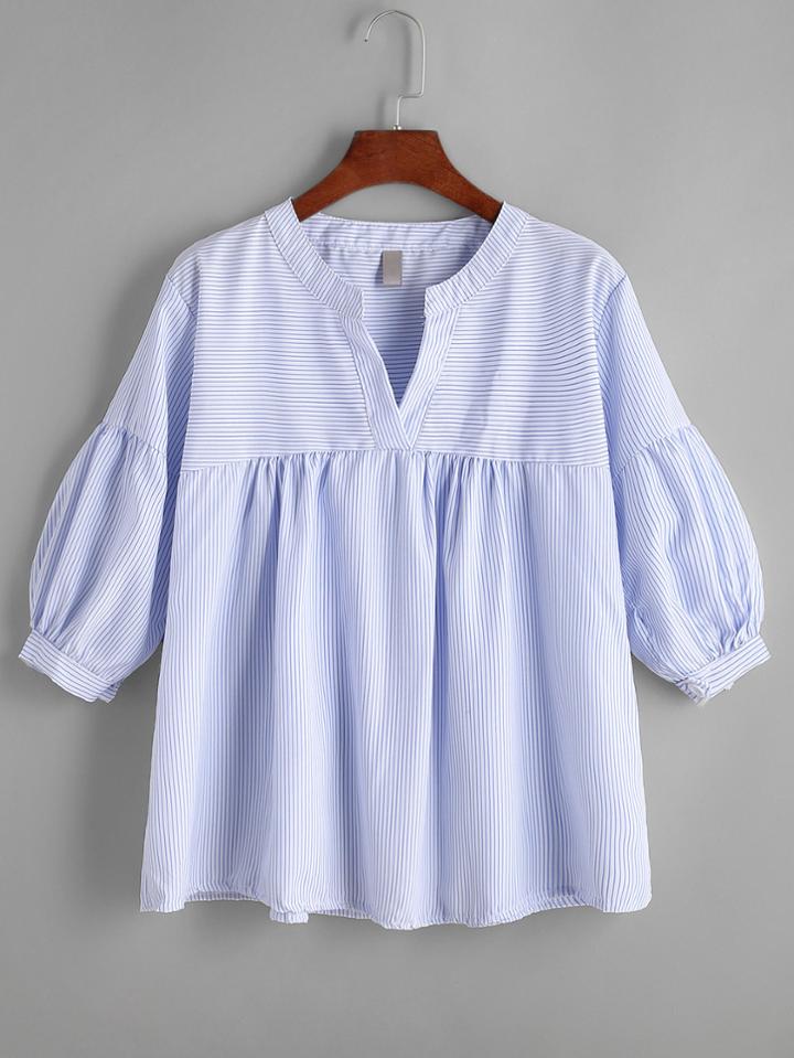 Romwe Pinstriped Pleated Hem V Neck Blouse