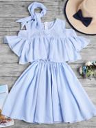 Romwe Open Shoulder Fluted Sleeve Striped Frill Dress With Ribbons