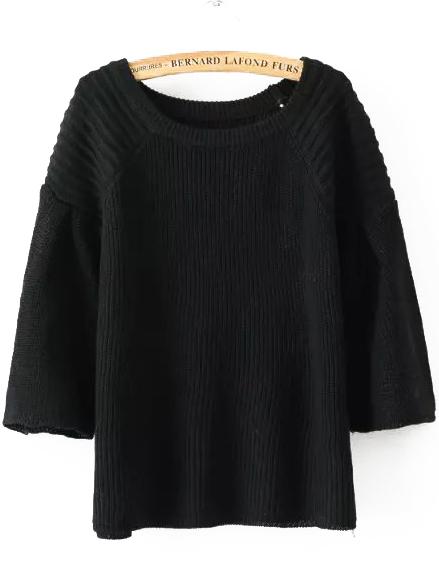 Romwe Women Bell Sleeve Black Sweater