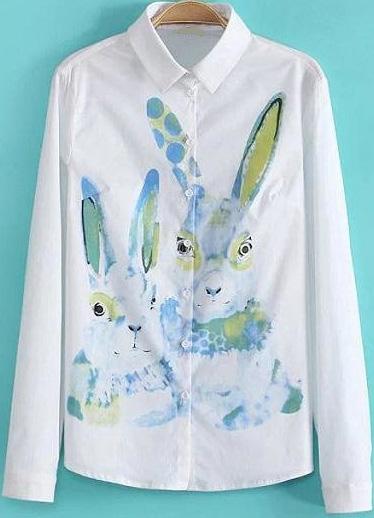 Romwe Lapel Buttons Rabbit Print Blue Blouse