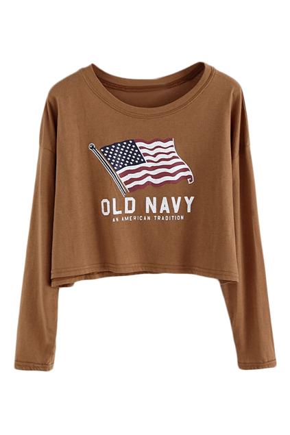 Romwe Union Jack And Letter Print Coffee Sweatshirt